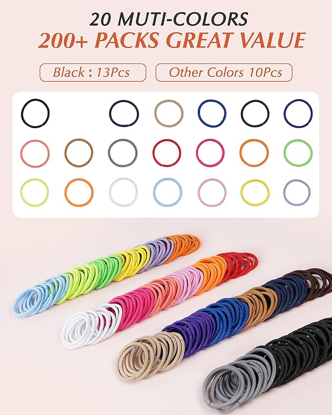 203 Pieces Hair Ties No Damage, 4MM Elastic Hair Ties, Medium Size Ponytail Holders for Women and Girls, Multicolor (20 Colors)