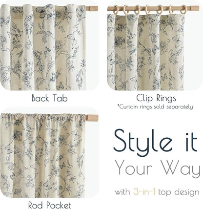 Blue Floral Linen Curtains Farmhouse Rod Pocket 50W X 63L 2 Panels | Charlotte - Image 7