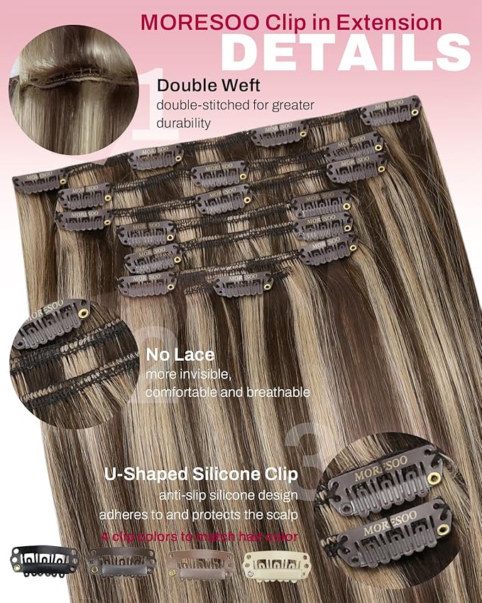 Moresoo Clip in Hair Extensions Brown with Blonde Highlights Double Weft Real Human Hair Extensions Clip ins Dark Brown with Honey Blonde for Women Straight Soft 120g/7pcs 16 inch