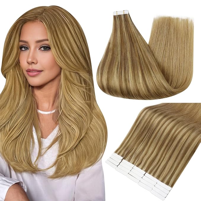 Full Shine Invisible Tape in Extensions Human Hair Color 10 Golden Brown and 16 Golden Blonde to 16 Blonde Balayage 20 Inch Seamless Hair Extensions Real Human Hair Tape in 50 Grams 20 PCS for Party