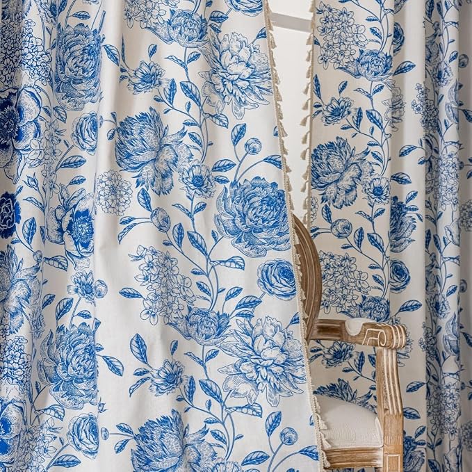 F-CHU Blue Curtains for Bohemian 90 Inch Length French Country Floral Drapes - Image 4