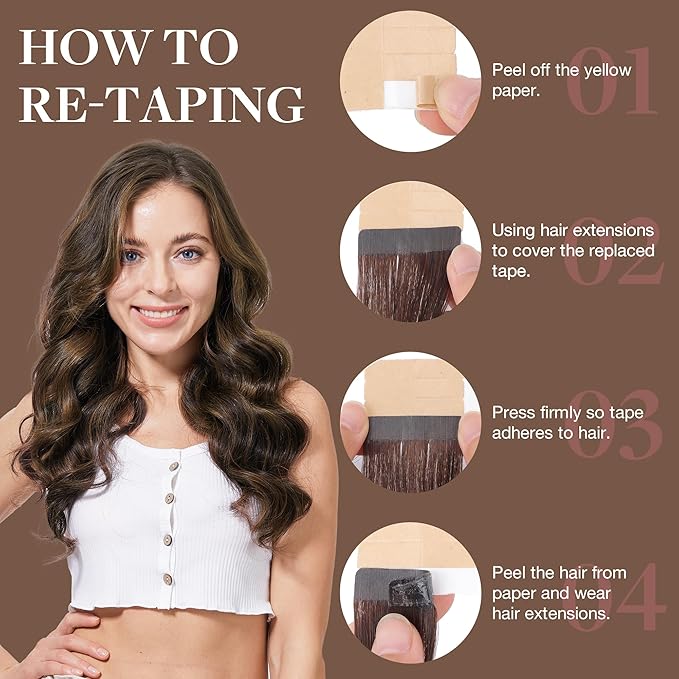 GOO GOO Tape in Hair Extensions Human Hair, 2C/4E/6C Brown Sugar Swirl Highlights, 14inch 50g 20pcs, Skin Weft Seamless Invisible, Silky Straight with Thick Ends, Remy Human Hair
