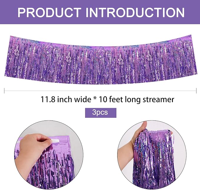 BEISHIDA Laser Light Purple Fringe Garland Banner Wall Tinsel Foil Streamer | - Image 2
