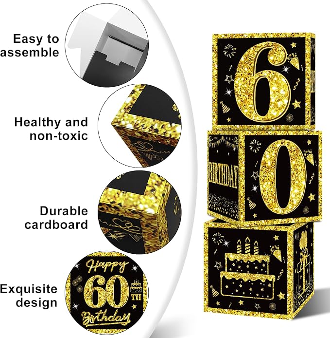 Eiurteao 3pcs Black Gold 60th Birthday Decorations Boxes - Image 5