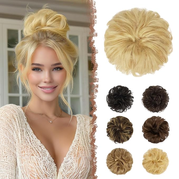 FESHFEN Human Messy Buns - 100% Human Hair Bun Real Scrunchies Hair Pieces Ponytail Extensions Wavy Tousled Updo Chignon Hairpieces for Women, Light Blonde