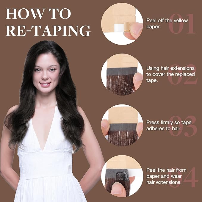 GOO GOO Tape in Hair Extensions Human Hair, 2A Light Brown, 18inch 25g 10pcs, Skin Weft Seamless Invisible, Silky Straight with Thick Ends, Remy Human Hair