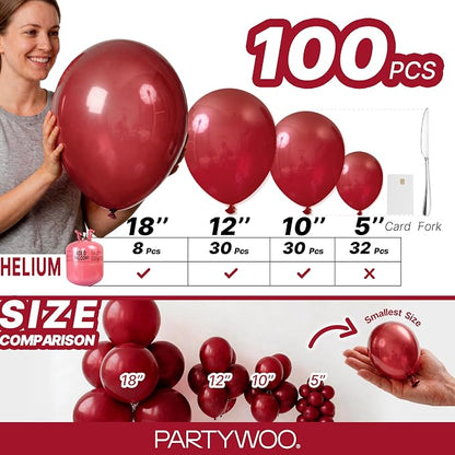 PartyWoo Burgundy Balloons 100pcs Dark Chestnut Red Maroon Color | 18 12 10 5 - Image 6