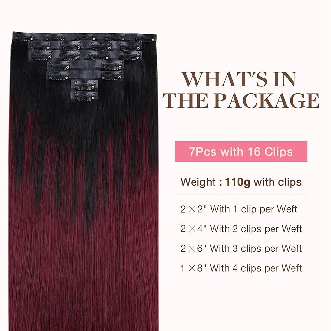 GOO GOO Clip in Hair Extensions Real Human Hair, Remy Human Hair Extensions Clip ins for Women, Natural Human Hair, 18inch 110g 7 Pcs, #1/99j Balayage Jet Black to Red Seamless Blend
