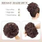 FESHFEN Messy Bun Hair Piece - Elastic Wavy Curly Hair Bun Scrunchies Extensions Synthetic Chignon Hairpieces for Women Girls, Dark Auburn 1.5 oz