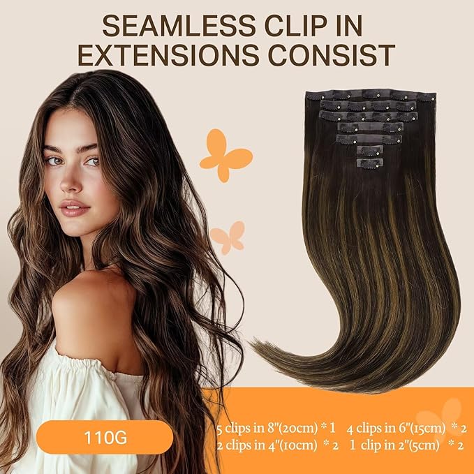 DOORES Seamless Clip in Human Hair Extensions, Dark Brown to Chestnut Brown 7pcs 110g 16 Inch Straight Hair Invisi Edge