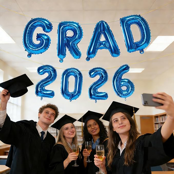 Blue GRAD 2026 Banner Balloons, 16 Inch Mylar Foil letter Graduation Balloons - Image 3