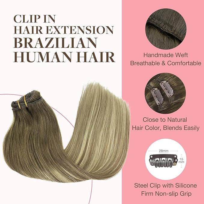 GOO GOO Clip in Hair Extensions Real Human Hair, Remy Human Hair Extensions Clip ins for Women, Natural Human Hair, 12inch 85g 7Pcs, 3/8/613 Balayage Walnut Brown to Ash Brown and Bleach Blonde