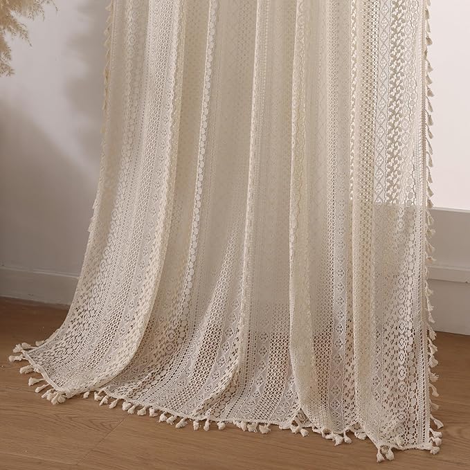 WAZZIO Boho Lace Curtains 63 Inches 2 Panel, Light Filtering Privacy Tassel & - Image 10