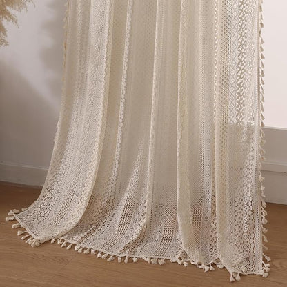 WAZZIO Boho Lace Curtains 108 Inch 2 Panel, Light Filtering Privacy Tassel & - Image 5