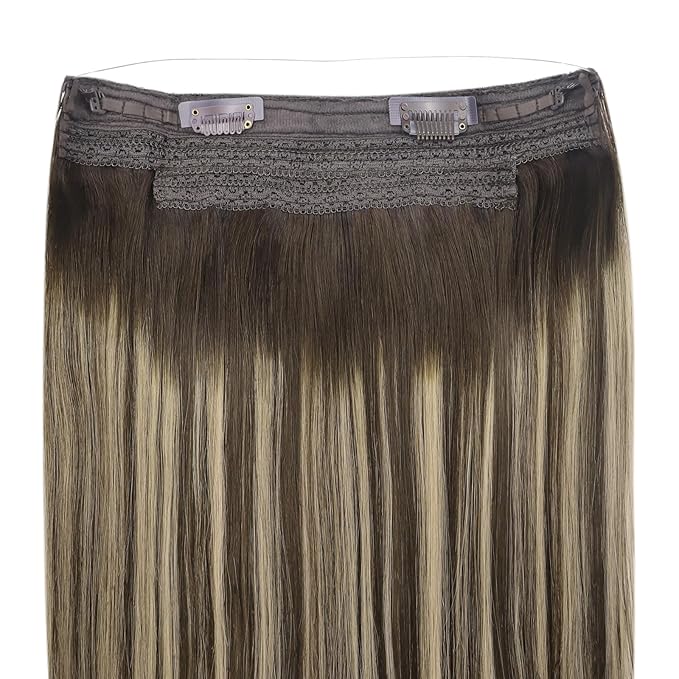 YoungSee Wire Hair Extensions Real Human Hair Balayage Brown Wire Extensions with Adjustable Clips Ombre Dark Brown with Ash Blonde Straight Human Hair Fish Line Extensions 16Inch 80G