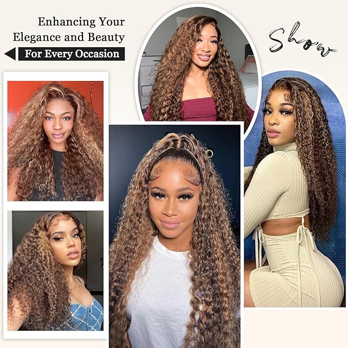 30 Inch Highlight Ombre Lace Front Wigs Human Hair 13x6 Honey Blonde Deep Wave Wig Human Hair 4/27 Glueless Deep Wave Human Hair Wigs Pre Plucked with Baby Hair for Women