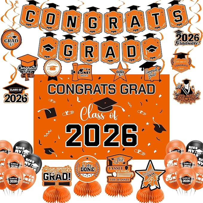 Graduation Decorations 2026 Orange Themed Set by Zerunyiw