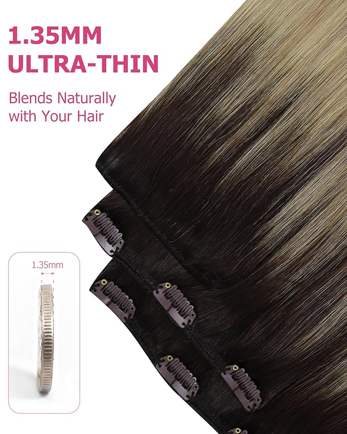 YoungSee Clip in Human Hair Extensions Ombre Clip in Extensions Real Human Hair Medium Brown Ombre Golden Mix Platinum Blonde Balayage Hair Extension Clip ins Long Straight Hair 120G 22In 7Pcs