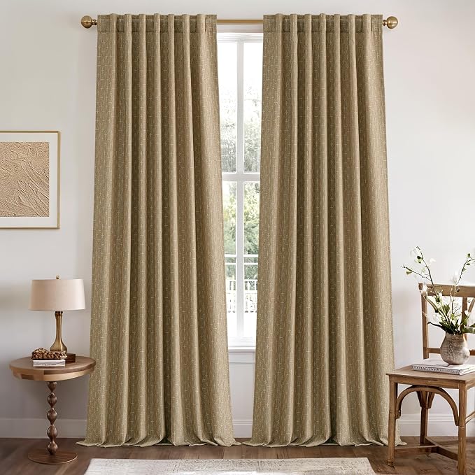 MIULEE Patterned Farmhouse Linen Curtains, Back Tab, Khaki | Linen Curtains - Image 2
