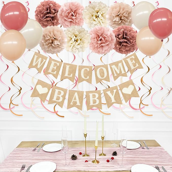 Baby Shower Party Decorations Kit Welcome Baby Heart Burlap Banner by pinkblume