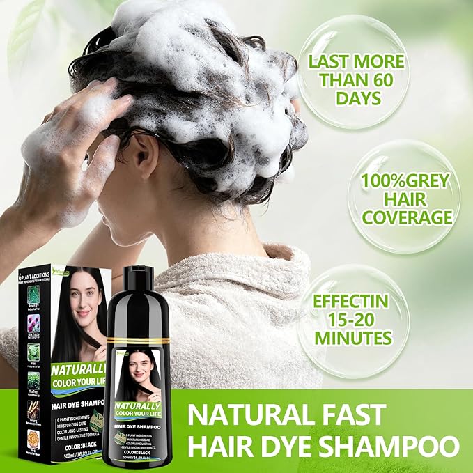 Black Hair Dye Shampoo for Women & Men, 15 Min Gray Coverage, 3 in 1 Semi-Permanent Color with Natural Herbal Ingredients