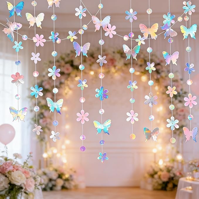 6 Pack Each 13Ft Iridescent Butterfly Garland Holographic Banner | Double Side - Image 2