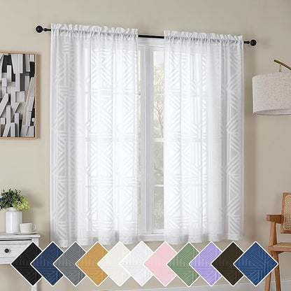 Simplebrand Semi Sheer White Curtains 54 Inch Length 2 Panels, Geometric by Simplebrand