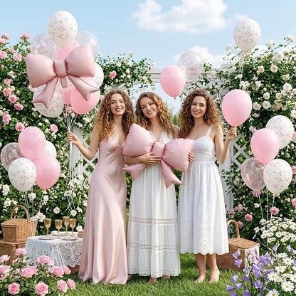 Pink Bow Balloons, 12 Inch Pastel Pink Transparent White Printed Balloons - Image 5