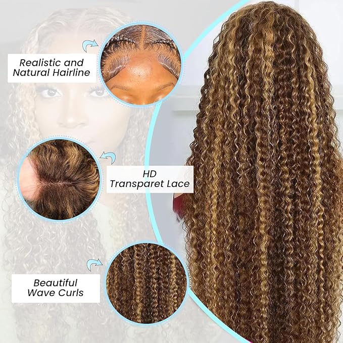 Honey Blonde Highlight Ombre Lace Front Wig Human Hair 210 Density 13x6 HD Lace Front Wigs Human Hair Deep Wave Curly Lace Frontal Wigs Pre Plucked with Baby Hair 22Inch