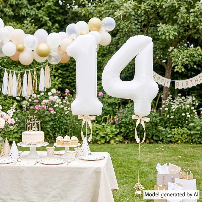 White Number 14 Balloon 40 Inch, Large Matte White 1 and 4 Foil Balloons Set - Image 2