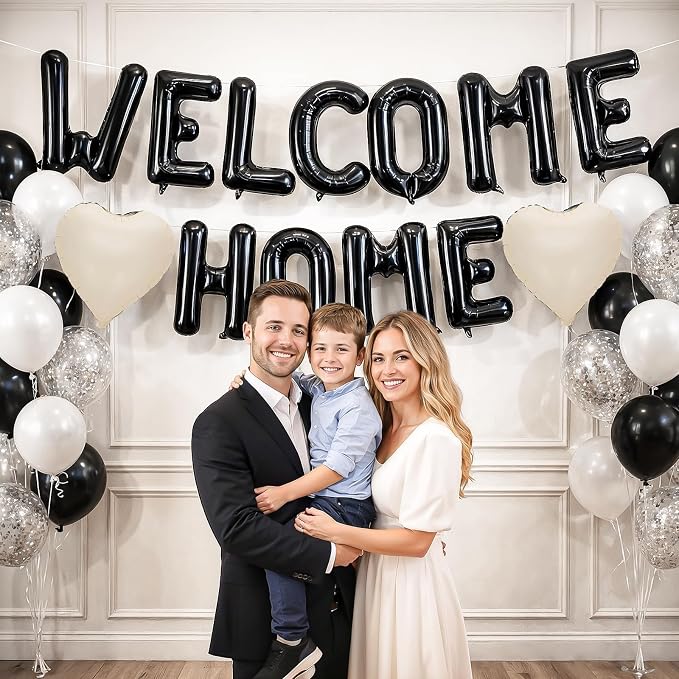 Welcome Home Balloons Cream White Black, 16Inch Welcome Home Foil Balloons - Image 3