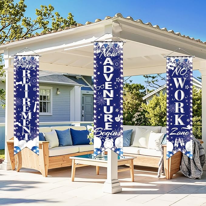3Pcs Retirement Porch Sign Door Hanging Banner Blue Silver Happy Retirement - Image 6