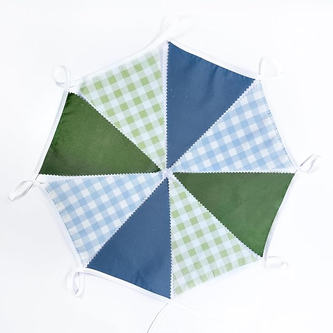 32Ft Blue Green Party Decorations Dusty Blue Sage Green Gingham Fabric Triangle - Image 6