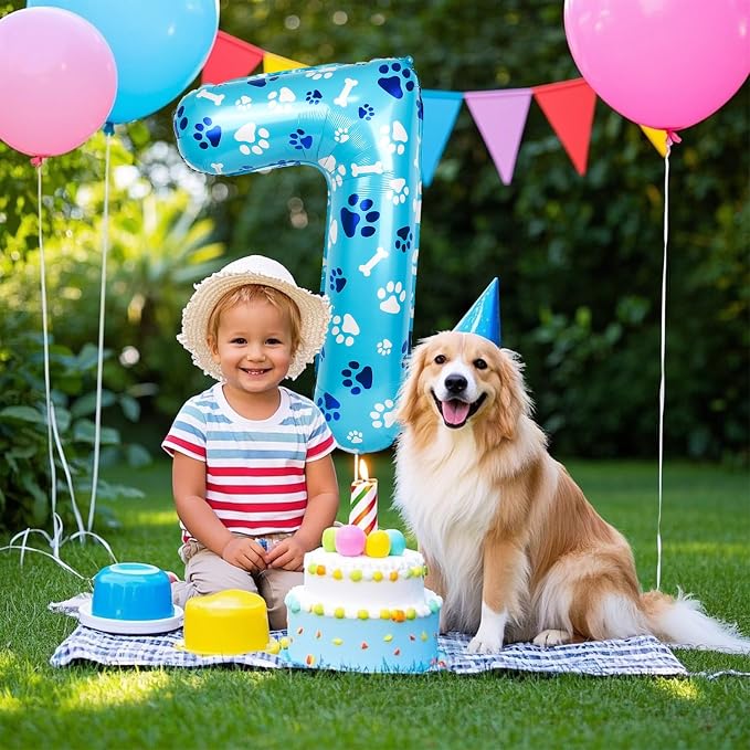 40 Inch Blue Dog Paw Birthday Balloons, Number 7 Balloons - Image 7