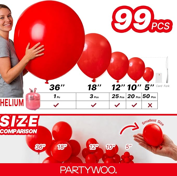 PartyWoo Red Balloons 99 pcs Different Sizes of 36 18 12 10 5 Inch Red Balloon - Image 6