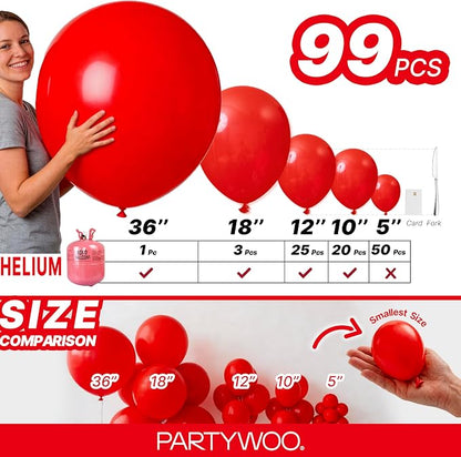 PartyWoo Red Balloons 99 pcs Different Sizes of 36 18 12 10 5 Inch Red Balloon - Image 6