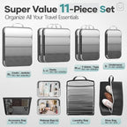 Veken 11 Set Compression Packing Cubes for Travel Essentials,Compressible Expandable Large Luggage Suitcase Organizer Bags for Clothing,Durable Space Saver Storage Bags with Toiletry Bags(Black)
