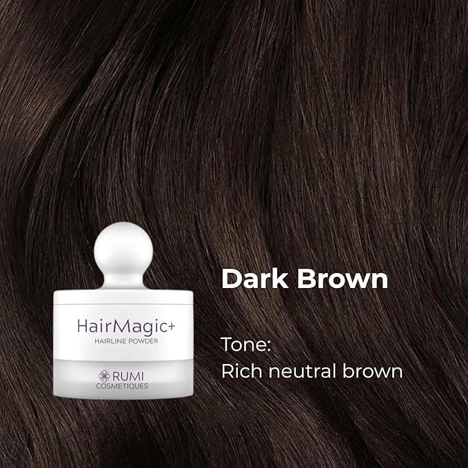 Rumi Cosmetiques HairMagic+ Root Touch Up Powder – Instant Gray Hair Coverage & Hairline Filler – Water-Resistant, Natural Finish, Nourishing Formula with Argan Oil & Vitamin E (Dark Brown)