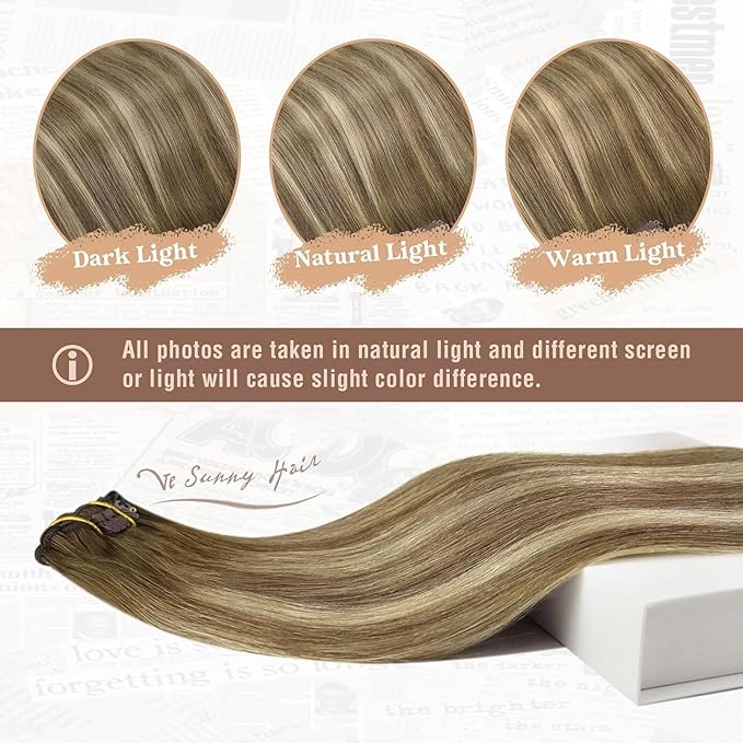 Ve Sunny Balayage Clip in Hair Extensions Real Human Hair Double Weft Remy Hair Clip in Human Hair Extensions Walnut Brown Ombre Light Brown with Blonde 18inch 120g 7pcs