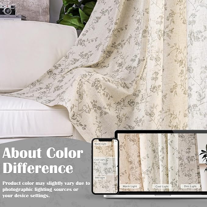 Grey Vintage Floral Linen Curtains Farmhouse 50W X 63L 2 Panels | Elisa Series - Image 6