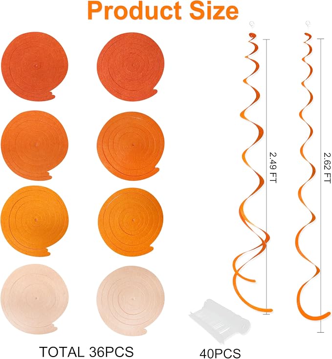 36Pcs Orange Hanging Swirl Decorations Ombre Orange Felt Swirl Streamer Spiral - Image 2