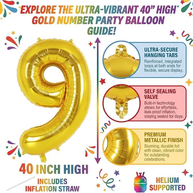 40 Inch Gold Number 9 Foil Balloon - Image 2
