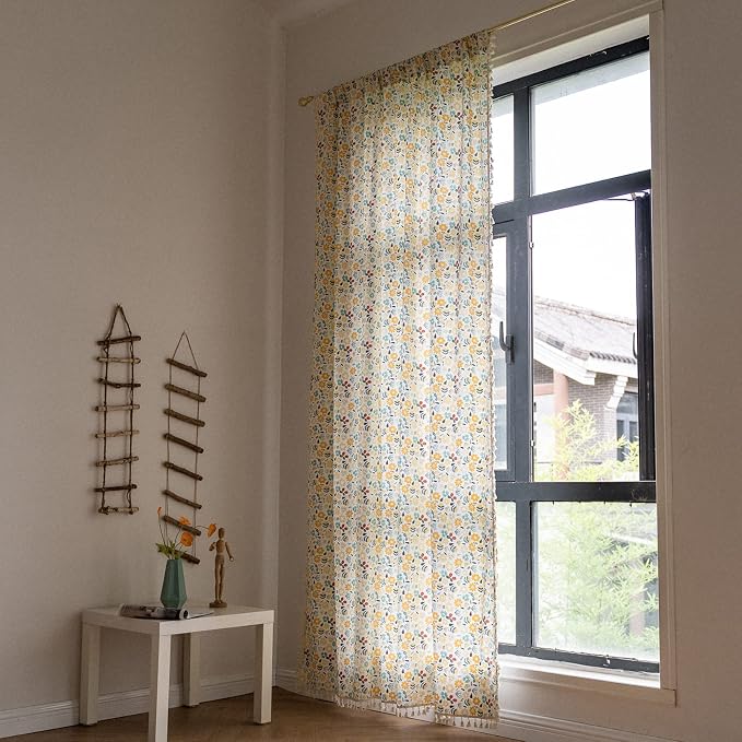 Sutuo Home Boho Curtain Semi-Blackout Colorful Florals Print Cotton Linen Fabric - Image 2