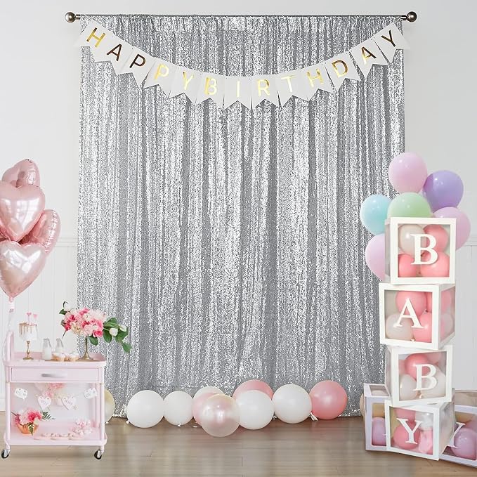 Sugargirl Silver Sequin Backdrop Curtain 8FTx8FT Glitter Silver Background - Image 7