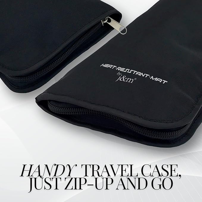 Hair Straightener Mat & Pouch by j&m - Heat Resistant - Fits ghd, BaByliss & Larger Flat Irons - Zip-Up All-in-One Compact Travel Case