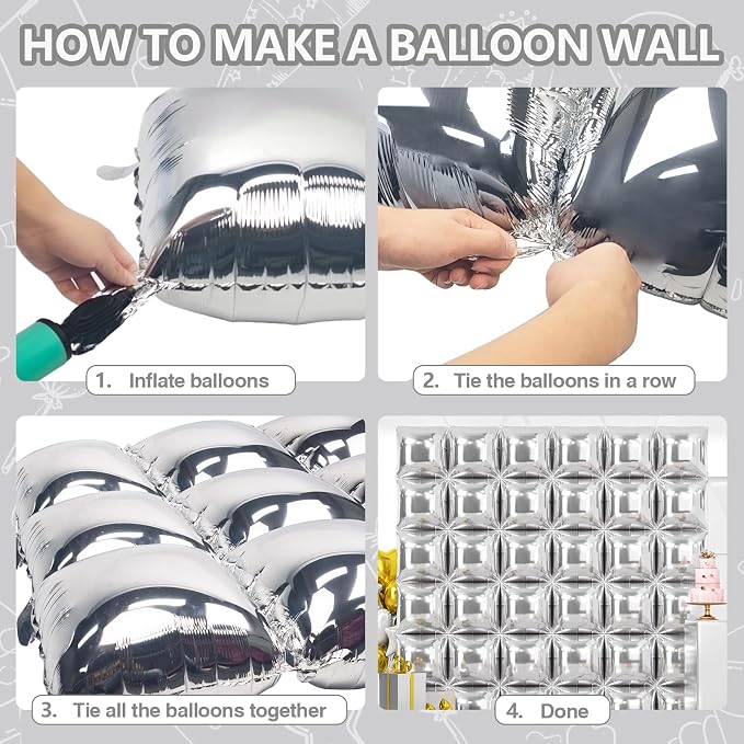 NISOCY 36PCS Metallic Silver Square Foil Balloons Wall Backdrop | Double Sided - Image 4