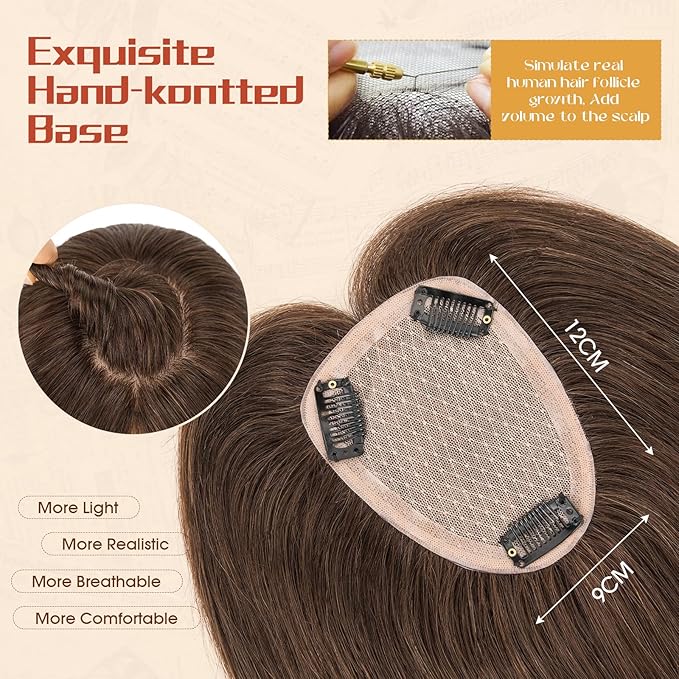 Rich Choices Human Hair Toppers for Women-100% Real Remy Hair Topper No Bang-Upgraded 150% Density 9 * 12CM Lace Base-Clip in Hairs Topper for Thinning Hairs-10Inch #2R Chocolate Brown