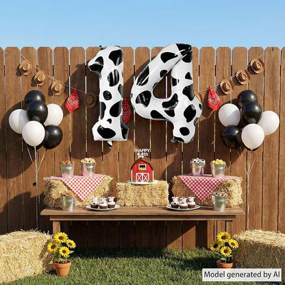 40 Inch Cow Print Number 14 Balloon Set, Giant Black and White Foil Number - Image 2