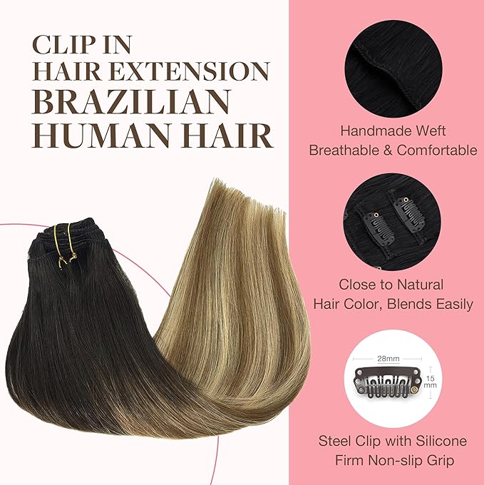 GOO GOO Clip in Hair Extensions Real Human Hair, Remy Human Hair Extensions Clip ins for Women, Natural Human Hair, 16inch 120g 7Pcs, 2/6/18 Balayage Brown to Dirty Blonde