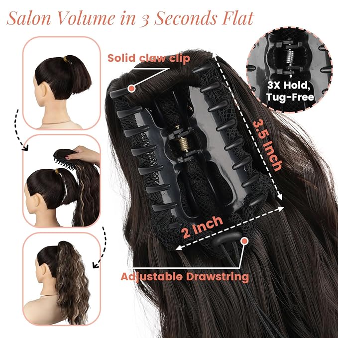 Claw Wavy Ponytail Extension 18 Inch for Women Curly Pony Tail Clip in Hair Extensions Shoulder Length Fluffy Natural Looking Synthetic Hairpiece for Daily Use (Black Brown)